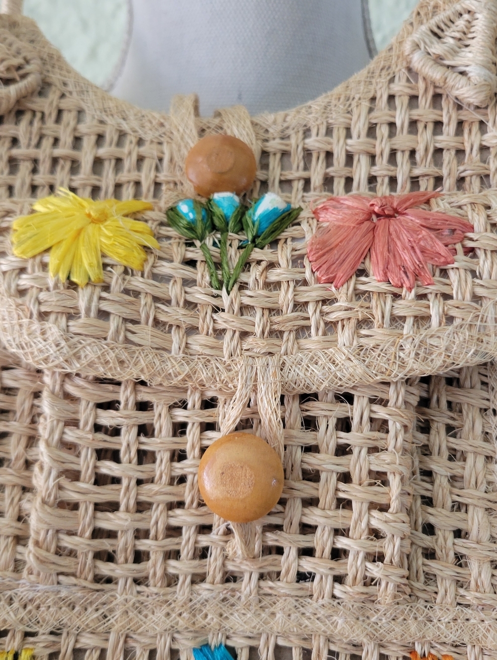 Vintage Woven Straw Raffia Bag Embroidered Floral Tyler Made In Phillipines - Picture 2 of 16
